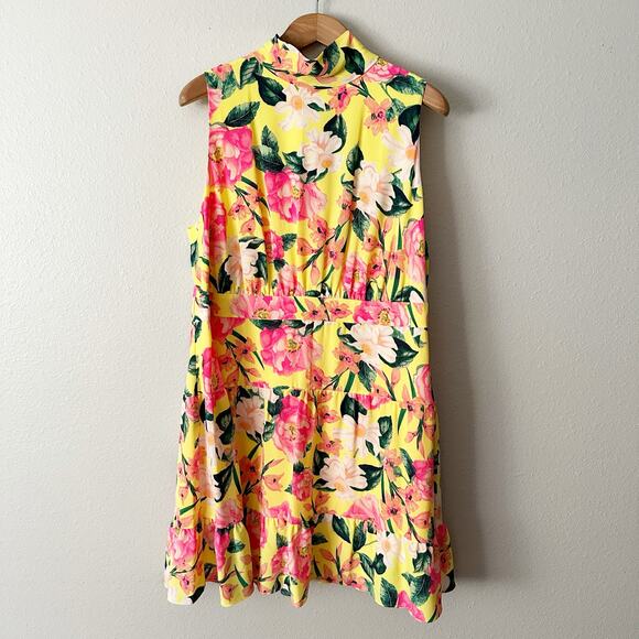 Eliza J. Yellow & Pink Floral Tie Back Mock Neck Mini Dress Women's Size 18W - Picture 2 of 14